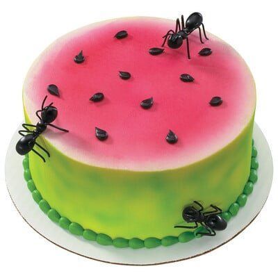 Watermelon-decorated cake with black ant decorations and a white plate.
