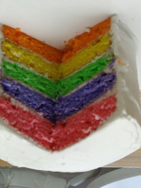Rainbow layer cake slice with white frosting.