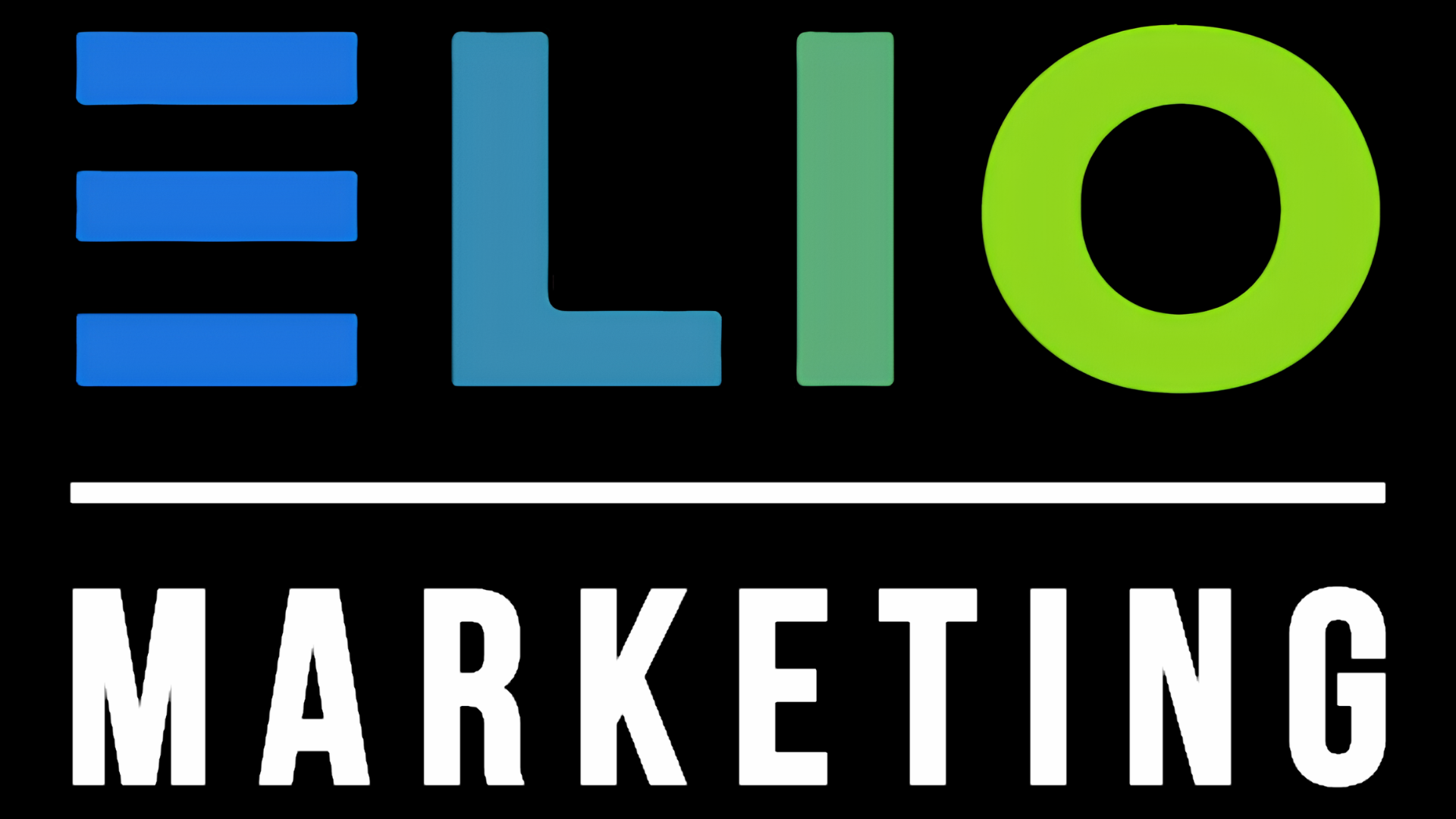 ELIO Marketing logo with blue, teal, and green lettering on a black background