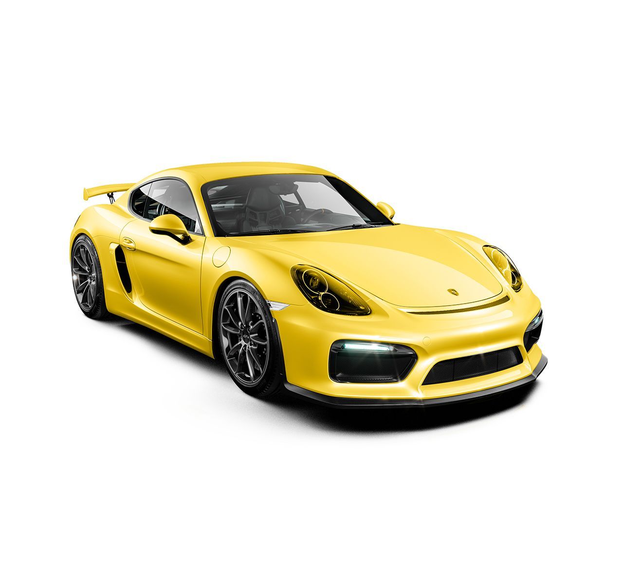A yellow porsche boxster gt4 is shown on a white background.