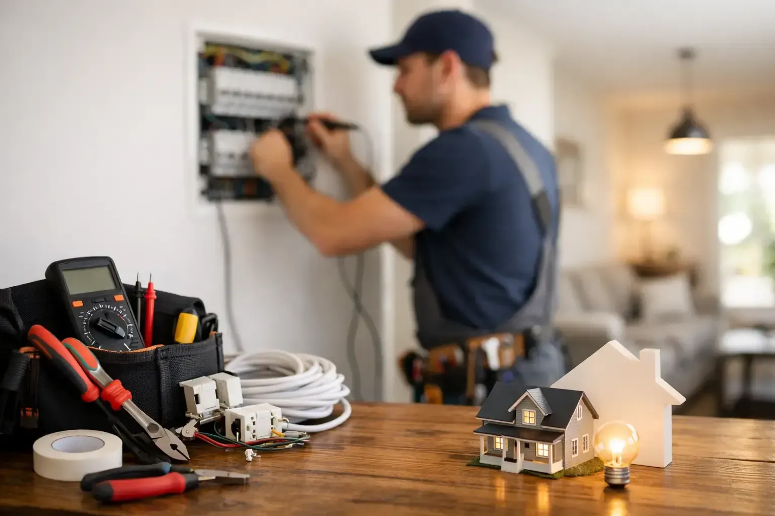 Electrician wiring a wall panel beside a toolbox and model house on a wooden table