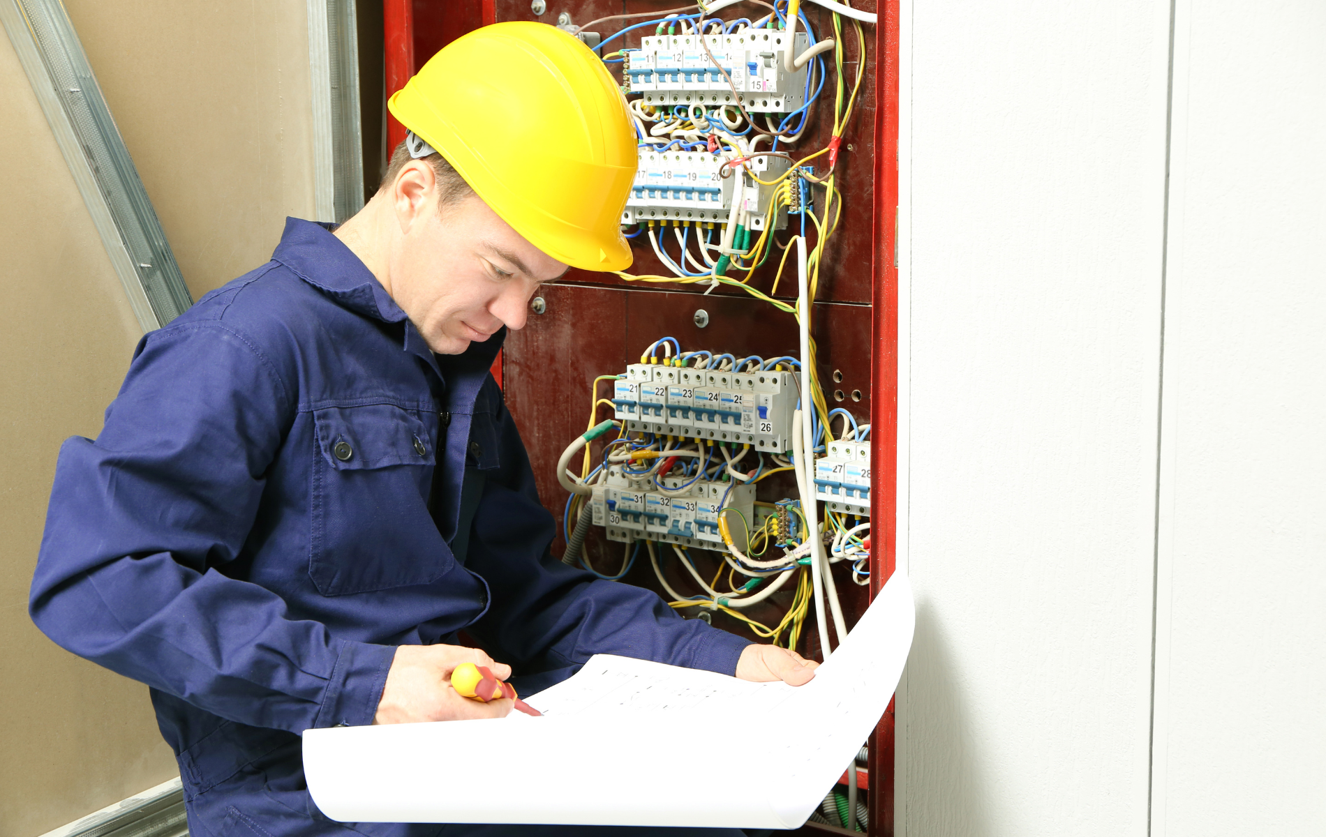 Technician in a yellow hard hat inspecting wiring in an electrical control panel with a clipboard.