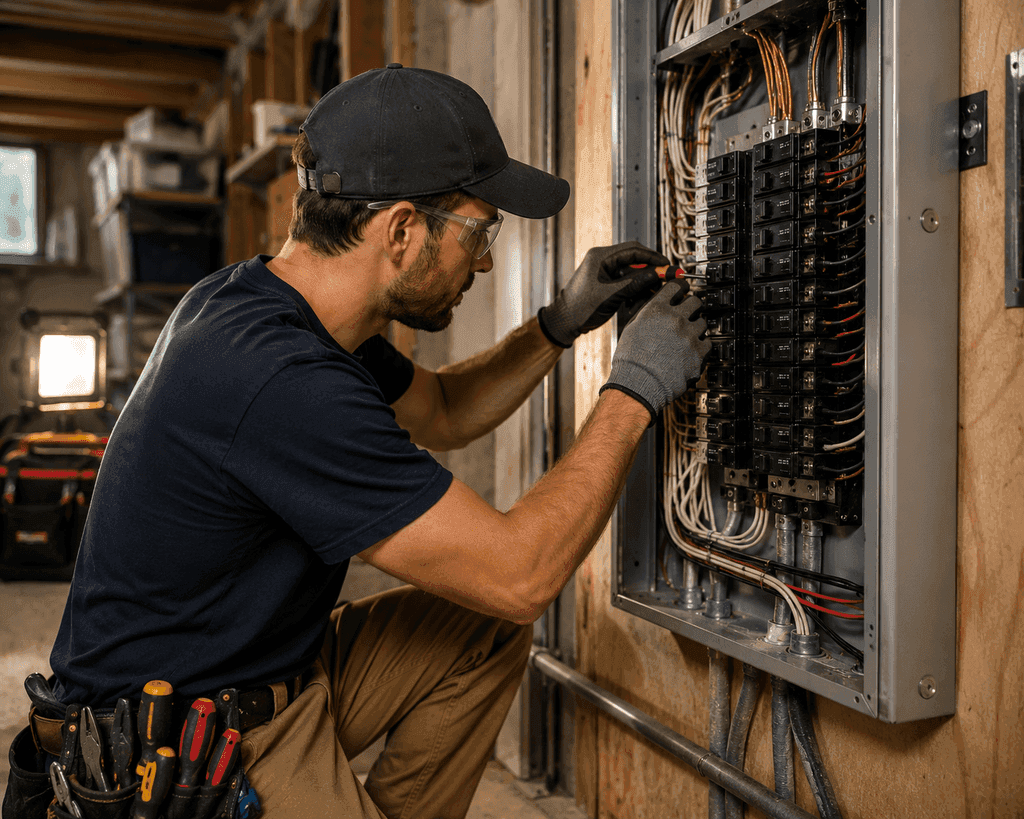 Technician wiring an electrical panel in a workshop, wearing gloves and a cap.