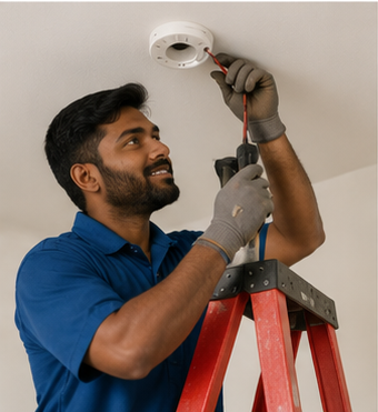 Person installing a ceiling light fixture, reaching up with tools in a white room