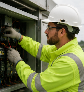 Technician using a handheld scanner to inspect server rack cables in a data center