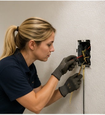 Worker installing wiring in an open electrical box outdoors