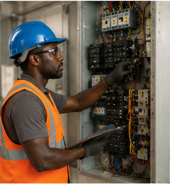 Hands inspecting an electrical breaker panel with a flashlight in a dim room