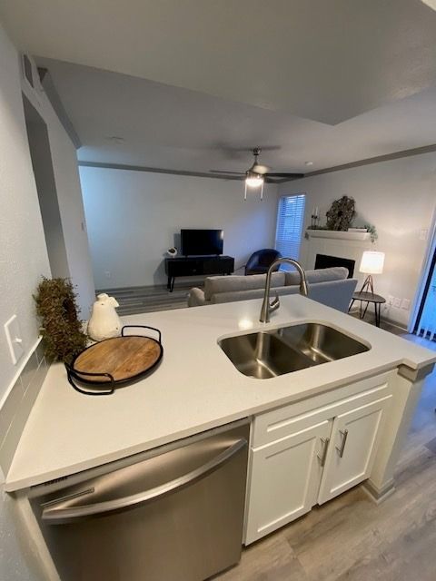 Open kitchen with double sink and dishwasher, view into living room with sofa and fireplace.