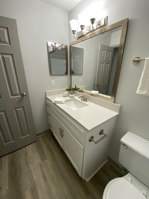 Bathroom featuring a white vanity with sink, framed mirror, and toilet.