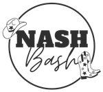 A black and white logo for nash bash with a cowboy hat and boots.