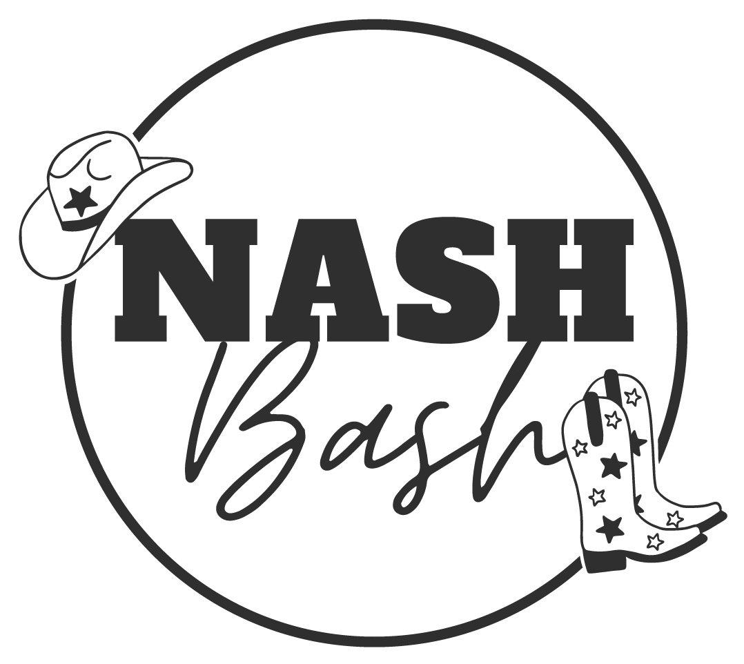 A black and white logo for nash bash with a cowboy hat and boots.