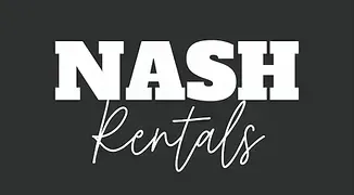 The logo for nash rentals is white on a black background.