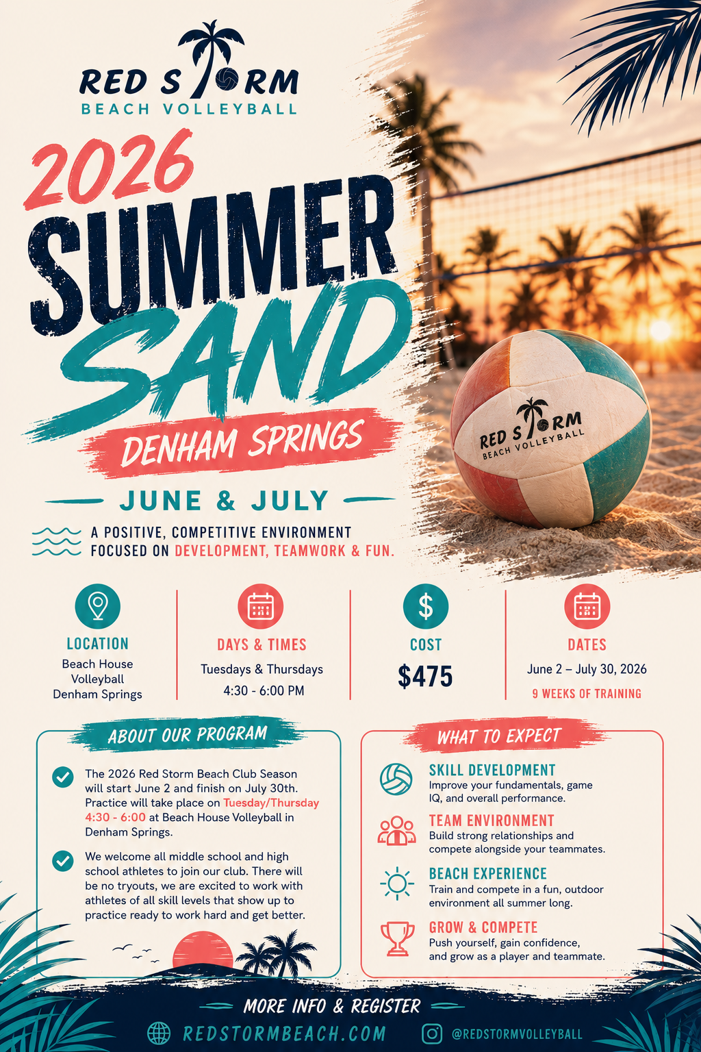 2026 Summer Sand beach volleyball event poster in Denham Springs with sunset palm trees and schedule details