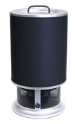 Black cylindrical air purifier with silver top and base, shown on a white background