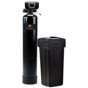 Black water softener tank next to a black brine salt tank on a white background