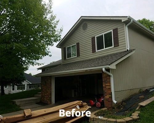 Suburban two-story house with garage under construction, labeled “Before”