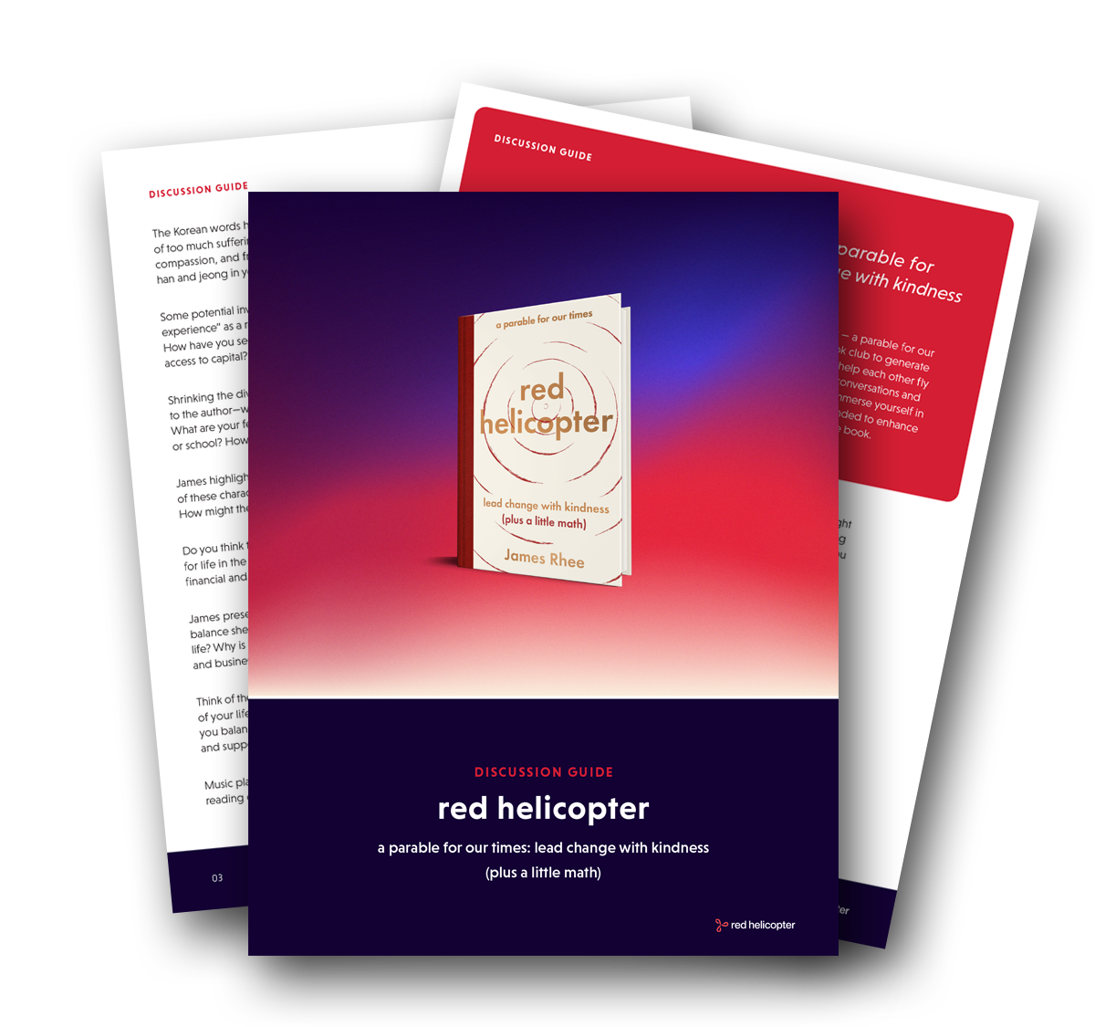 A book titled red helicopter is sitting on top of a stack of papers