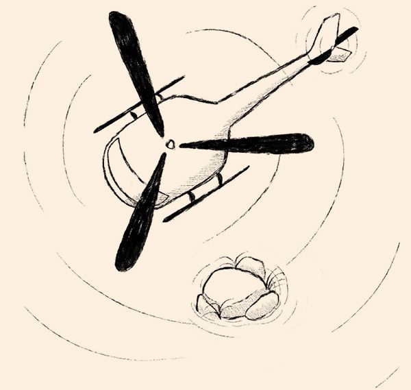 A black and white drawing of a helicopter flying over a rock.