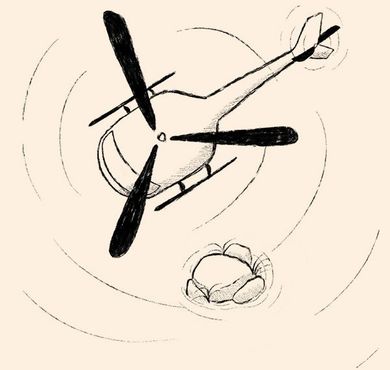 A black and white drawing of a helicopter flying over a rock.
