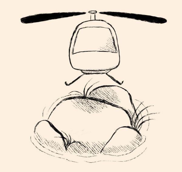 A drawing of a helicopter flying over a rock