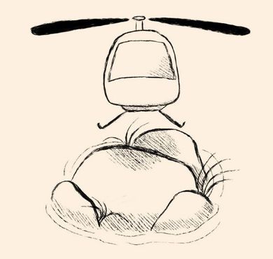 A drawing of a helicopter flying over a rock