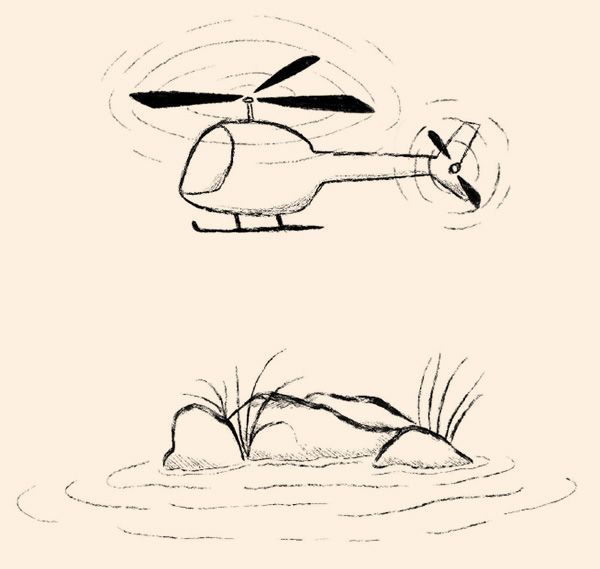 A drawing of a helicopter flying over a rock in the water