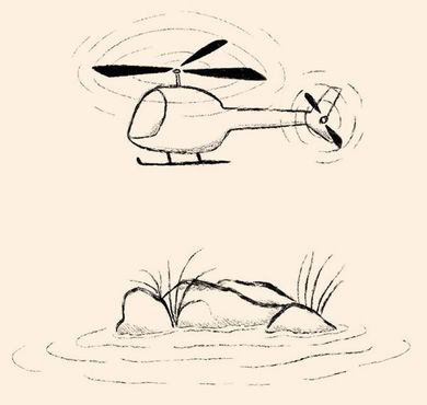 A drawing of a helicopter flying over a rock in the water