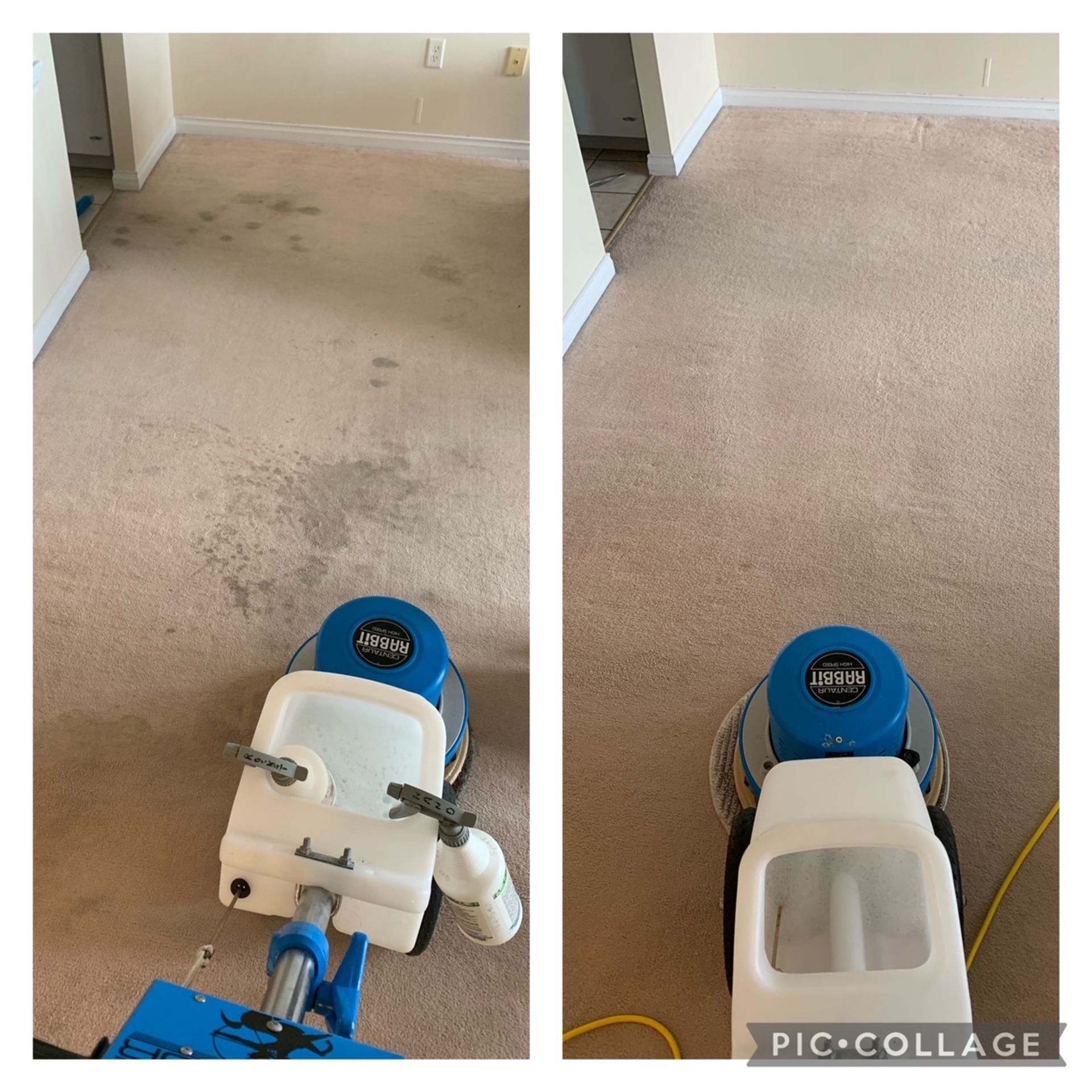 A before and after picture of a carpet being cleaned