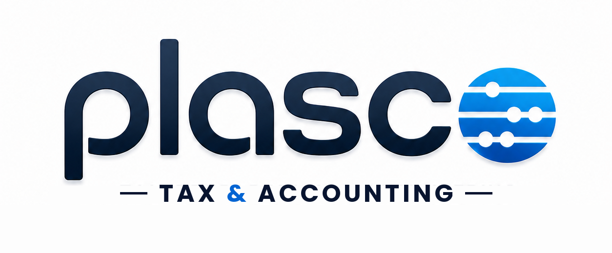 Plasc logo with blue icon and the text “Tax Preparation & Bookkeeping”