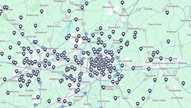 Map of MyVault portable storage container delivery area across the Piedmont Triad, including Greensboro, Winston-Salem, and High Point NC