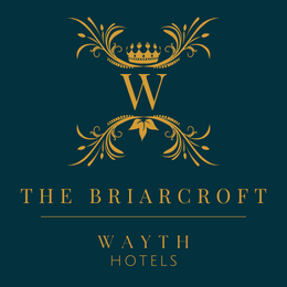 Gold Wayth Hotels logo on teal background with ornate flourishes and the text “The Briarcroft” and “Wayth Hotels”