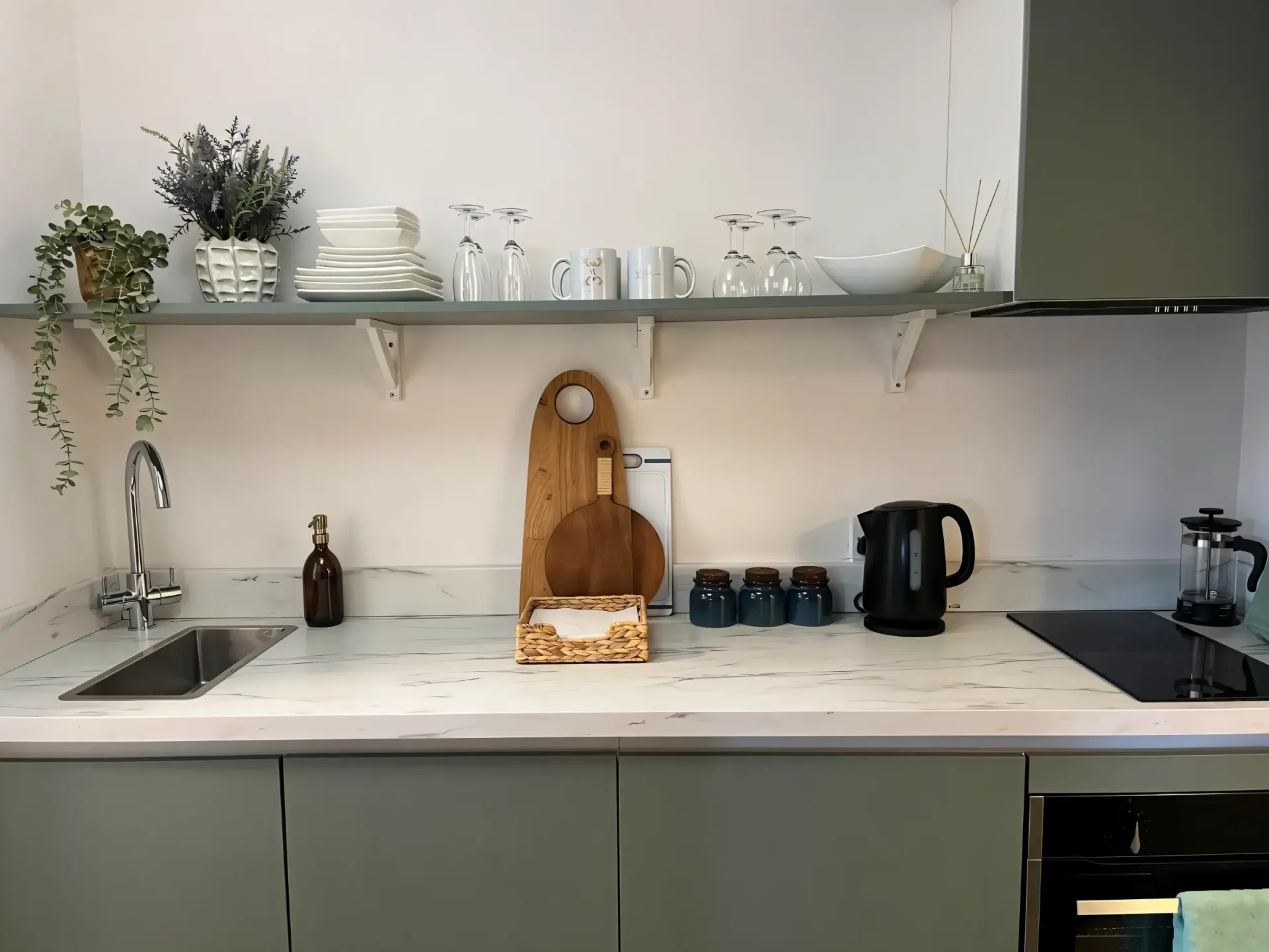 Minimalist kitchen countertop with sink, shelves, plants, dishes, and black appliances
