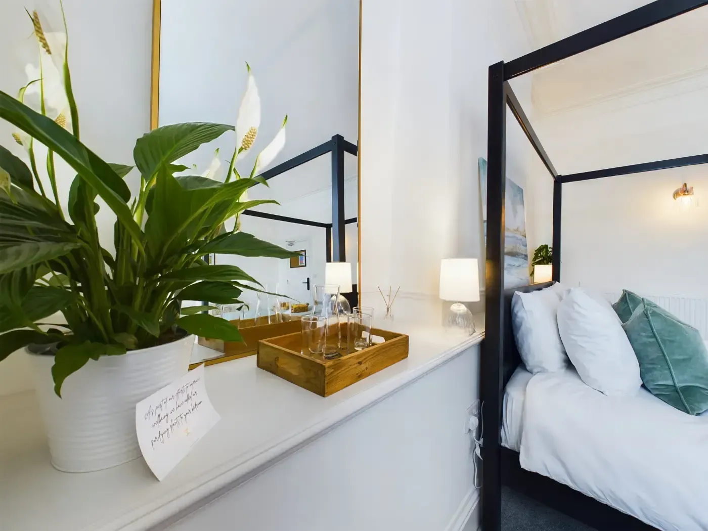 Bright bedroom with a black canopy bed, white bedding, and a windowsill plant beside the mirror