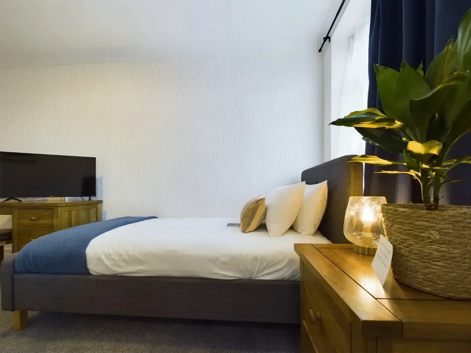 Cozy bedroom with a neatly made bed, wooden furniture, and a large potted plant beside a lamp