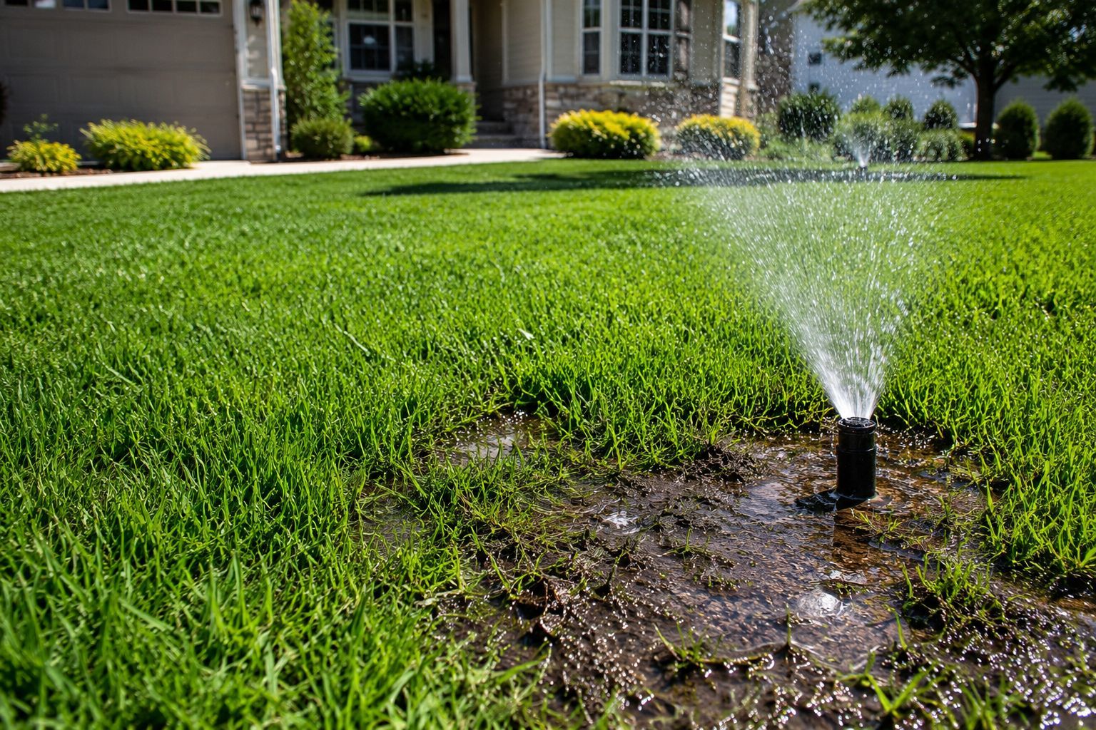 Lawn sprinkler watering a green yard beside a house, with a muddy patch in the foreground