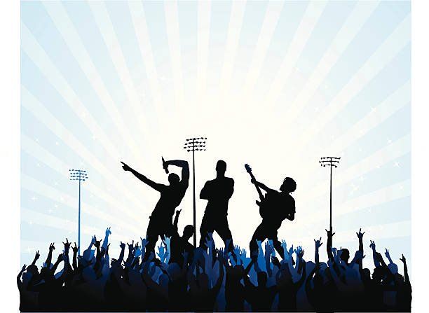 Silhouetted band performing on stage, crowd with raised hands, blue and white background.