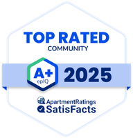 Badge: Top Rated Community, A+ rating from eplQ, ApartmentRatings, and SatisFacts. Year 2025.