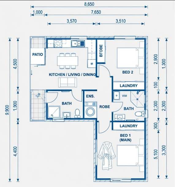 Floor plan of a small apartment with kitchen-living-dining area, two bedrooms, bath, laundry, entry, and patio.