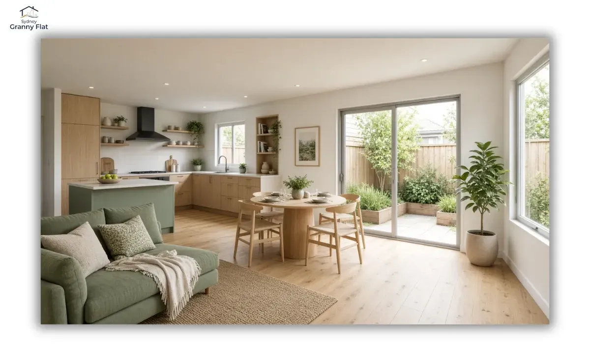 Bright open-plan granny flat living area with large windows and glazed doors