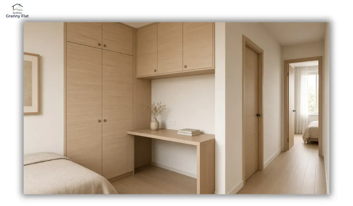 Built-in full-height storage keeping a compact granny flat interior uncluttered