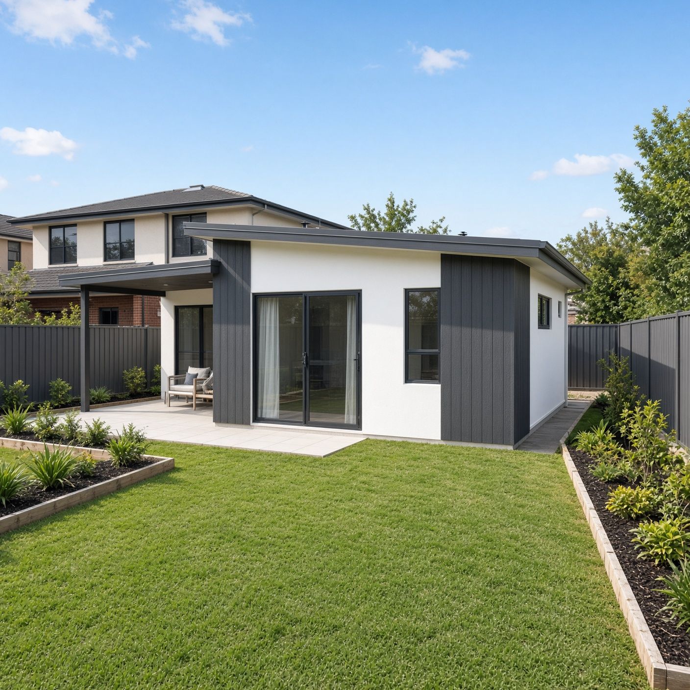 Modern backyard with a small gray-and-white house, patio doors, lawn, and landscaped garden beds