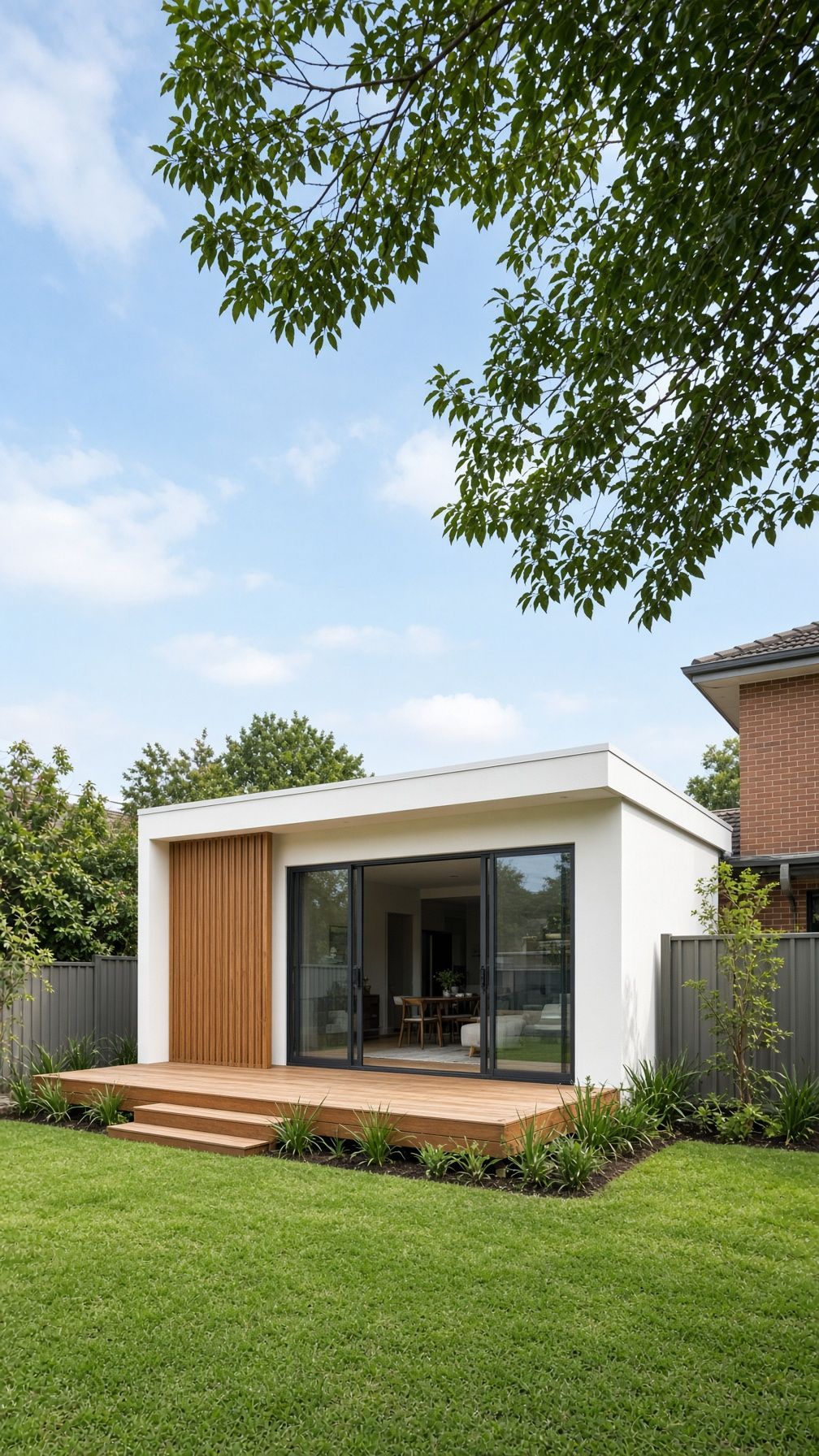 Small modern backyard studio with wood siding, glass doors, steps, and a green lawn under trees.