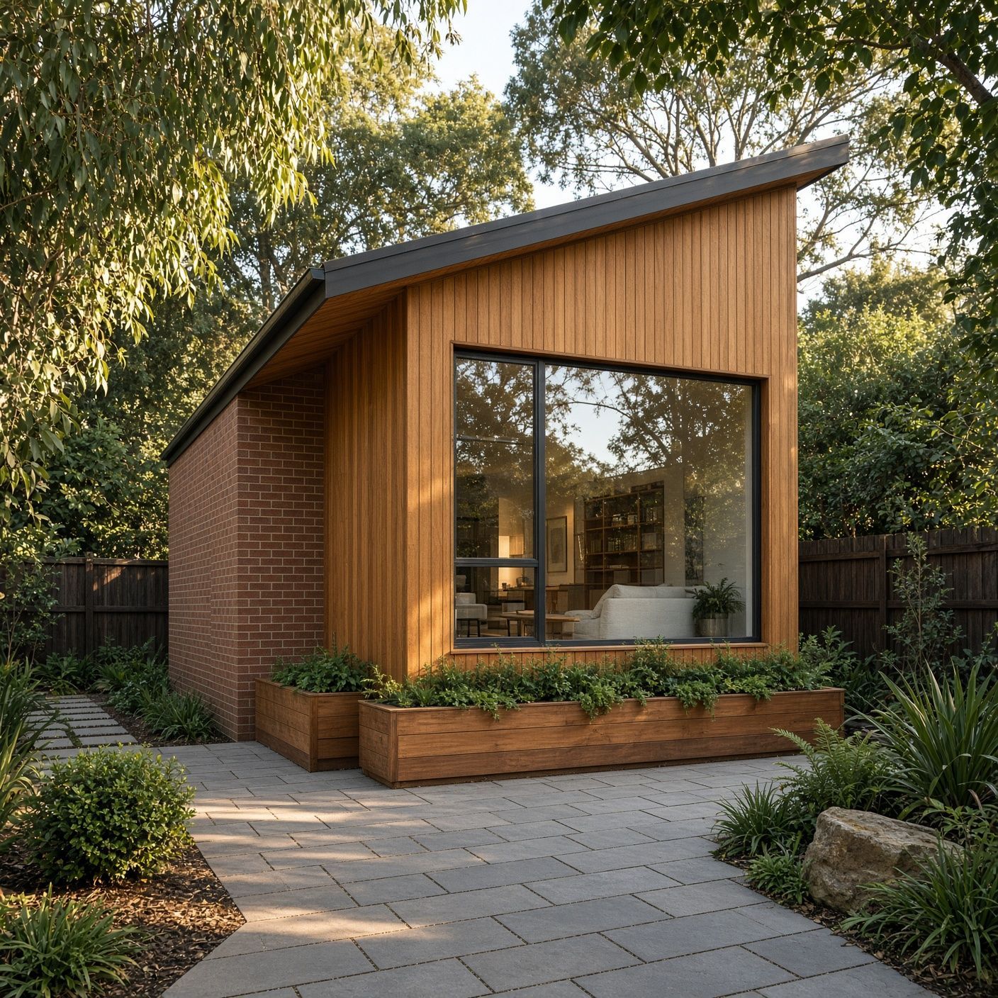 Small modern wooden garden cabin with large window, brick side wall, and surrounding greenery.