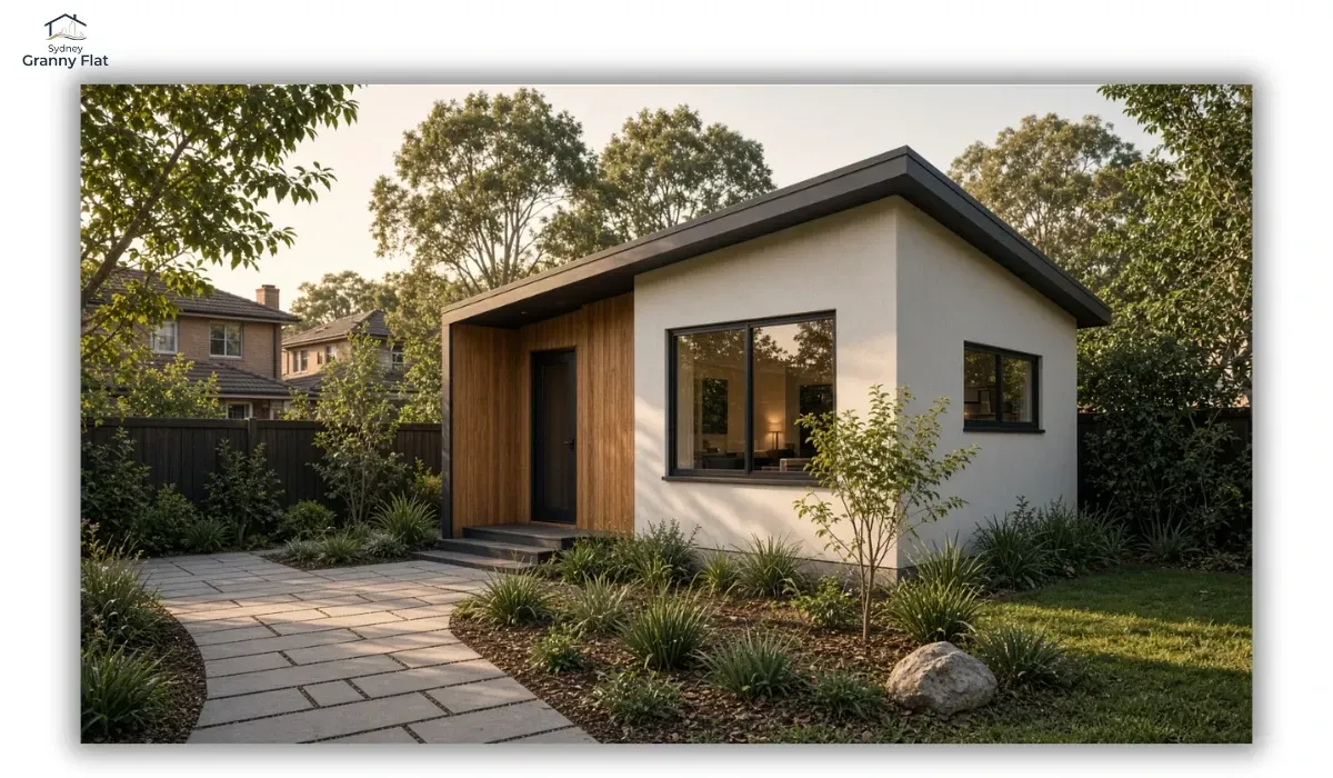 Modern granny flat exterior with clean lines, simple landscaping and contemporary materials