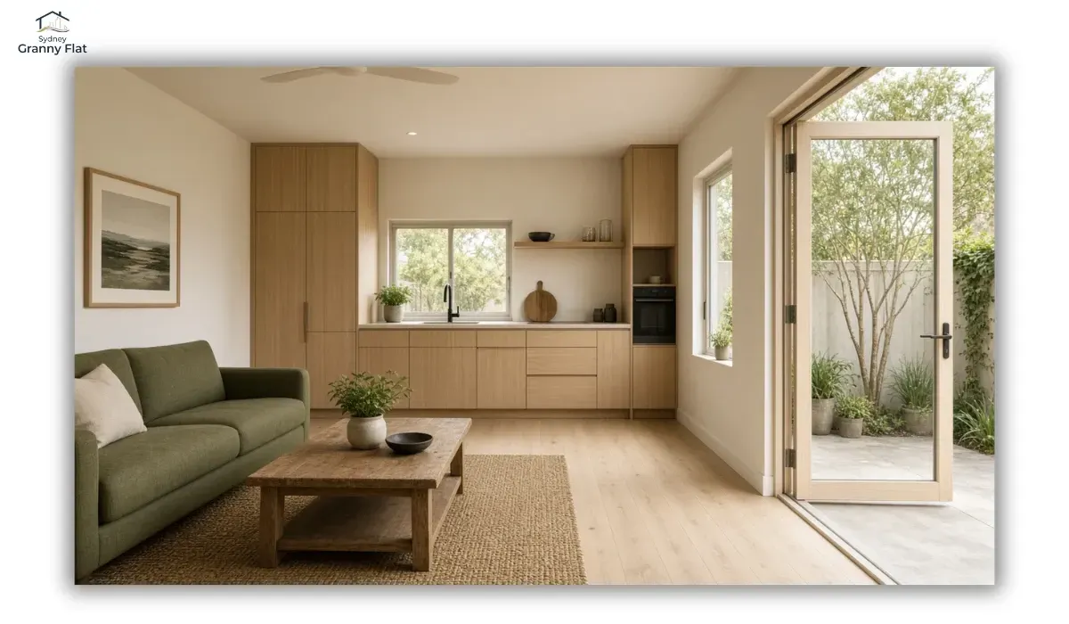 Modern granny flat showing open living, storage, natural light and outdoor connection