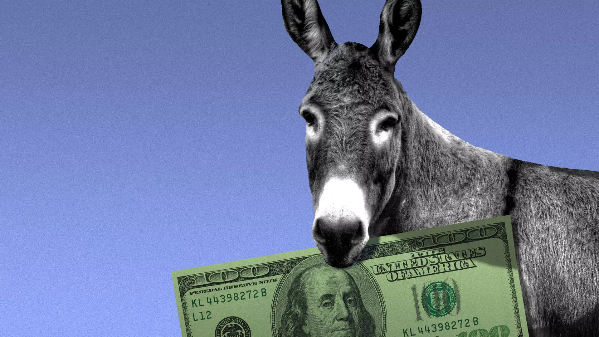 A donkey holding a dollar bill with franklin on it