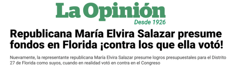 A newspaper headline says la opinion republicana maria elvira salazar presume fondos en florida contra los que ella votó