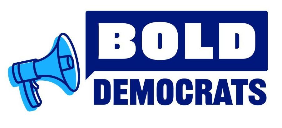 Blue megaphone next to bold white-and-blue text reading “BOLD DEMOCRATS”