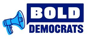 Blue megaphone next to bold white-and-blue text reading “BOLD DEMOCRATS”