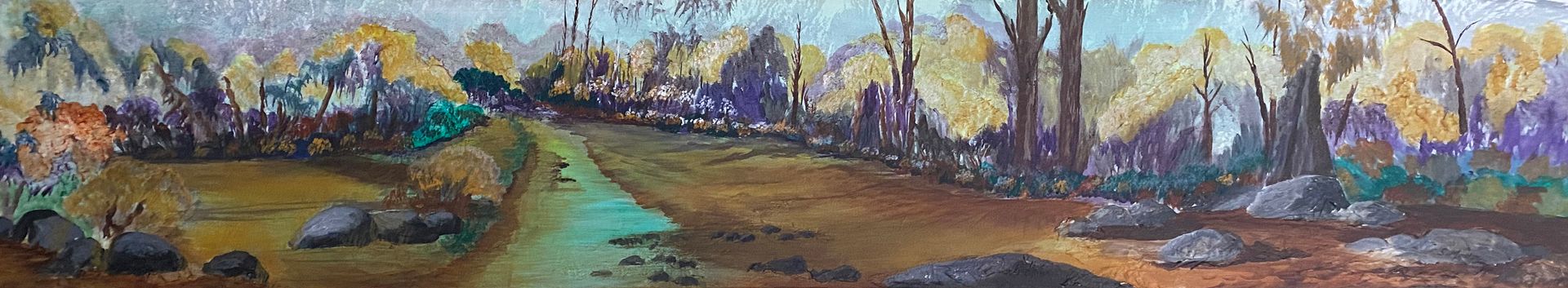 A painting of a road going through a forest.